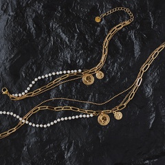 Cuban Fashion Roman Coin Pendant Pearl Three Layer Titanium Steel Necklace Bracelet
