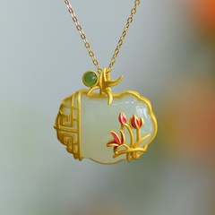 Vintage Necklace Chinese Style Ancient Gold Inlaid Hetian Magnolia Flower Ruyi Lock Pendant