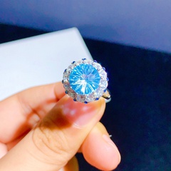 Nouvel anneau de topaze bleu ciel naturel imitation 5 carats anneau de cuivre ouvert coupe feu d'artifice femme