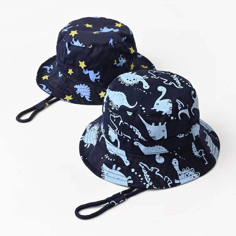 Fashion childrens fisherman hat new baby basin hat cartoon dinosaur print pattern big brim hat