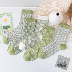 fashion socks female green medium tube vertical strips small flower combed cotton socks