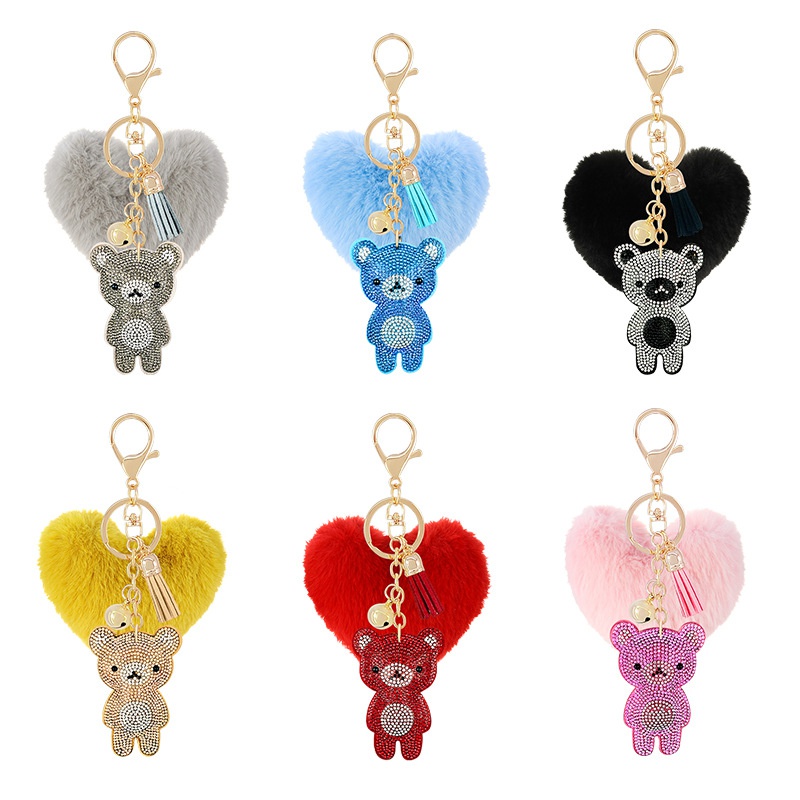 new style diamondstudded Korean flannel cute bear heart keychain