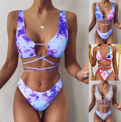 fashion female split strap swimsuit tie-dye printing sexy bikini