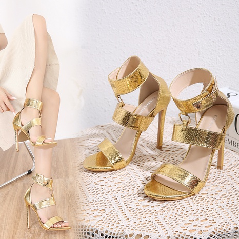 New women's shoes stiletto heel snake print open toe buckle golden sandals's discount tags