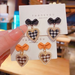 New Pearl Heart Bowknot Earrings Korean Autumn and Winter Plaid Earrings
