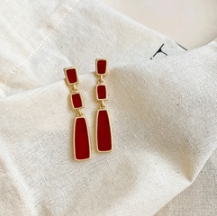 retro red geometric dripping oil long earrings