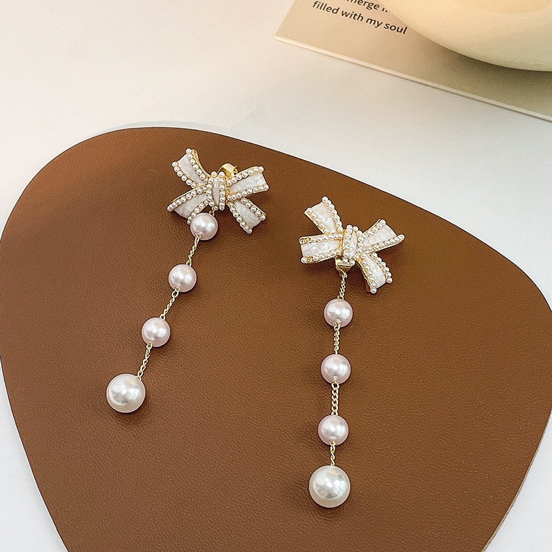 Korean bowknot pearl tassel earrings new trendy one pair of earrings