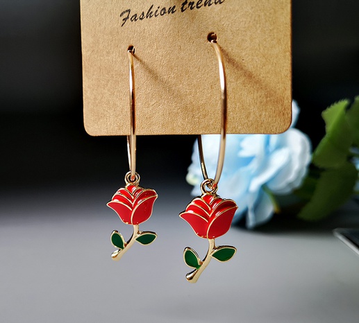 Fashion Big Circle Green Leaf Red Rose Earrings Korean 14k Gold Plated Earrings's discount tags