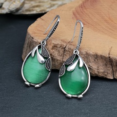 retro creative emerald green cat eye natural stone earring ear hook female
