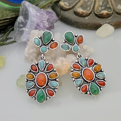 Fashion Luxury Red Agate Turquoise Mixed Color Gem Retro Natural Stone Exaggerated Earrings