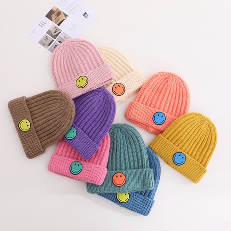 Children's Knitted Hat Round Label Color Smiley Hemp Pattern Woolen Hat Winter Warm Hood's discount tags