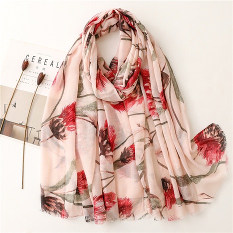 Simple style pink red big flower contrast color fringed gauze scarf shawl's discount tags