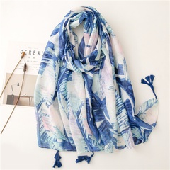 retro cotton and linen yarn blue banana leaf tropical plant fringed gauze shawl