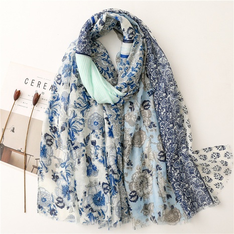 Simple style yarn blue flower horizontal stripe contrast color fringe gauze scarf's discount tags