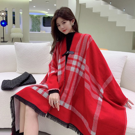 Slit scarf with buckle plaid scarf shawl thickened warm outer cape cloak's discount tags