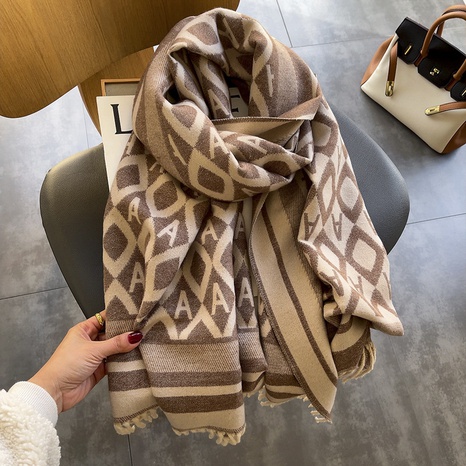 Winter thick warmth imitation cashmere geometric striped letter A double-sided two-color scarf's discount tags
