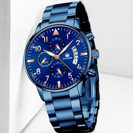 blue steel band watch three-eye digital scale fashion calendar quartz watch's discount tags