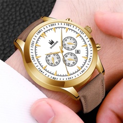 Personalized fashion fake three-eye men's belt watch double scale business calendar quartz watch