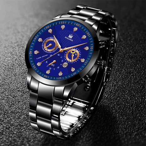 New trend fashion men's steel band watch diamond-engraved three-eye calendar quartz watch's discount tags