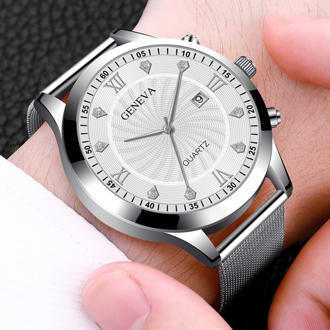 Korean personality rhinestone inlaid men's alloy mesh belt watch Roman numeral scale quartz watch's discount tags