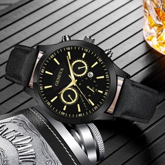 new fashion fake three-eye men's belt watch business calendar quartz watch