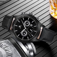 casual fashion double scale men's belt watch three-eye calendar quartz watch