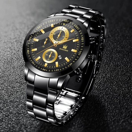 new engraved three-eye men's steel band watch trend dual-scale calendar quartz watch's discount tags