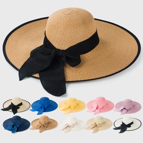 Sombrero protector solar de paja con ribete de lazo y borde grande's discount tags