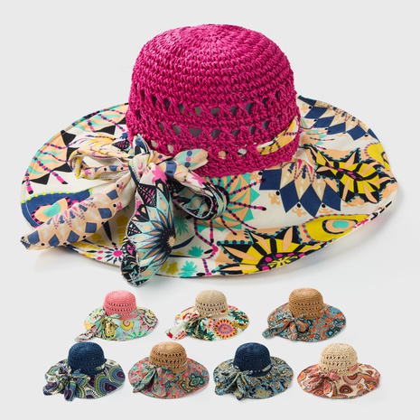 Sombrero de paja teñido anudado con lazo ondulado de ala grande's discount tags