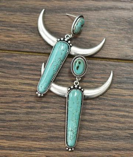 Retro turquoise horn earrings European and American ethnic style creative bull head earrings's discount tags