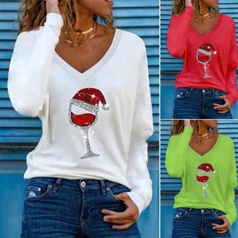 Christmas wine glass print V-neck long-sleeved T-shirt's discount tags