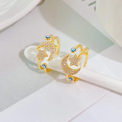 fashion copper 18k gold plated zircon simple star and moon eyes open female ring