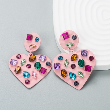 Boucles d'oreilles en forme de coeur de mode européenne et américaine Boucles d'oreilles en strass de couleur de peinture en alliage's discount tags