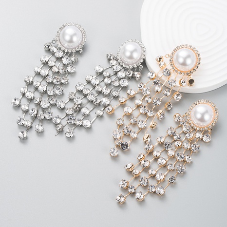 European and American personality big pearl long tassel rhinestone earrings NHLN566850's discount tags