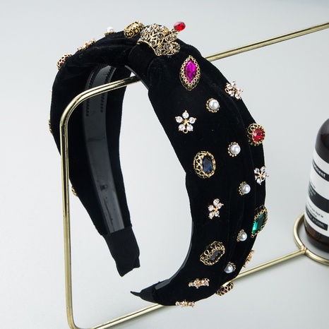 Moda retro tela de franela diadema corona con diamantes incrustados de borde ancho perla accesorios para el cabello's discount tags