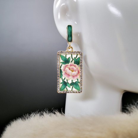 Fashion rose print enamel earrings Korean diamond green leaf flower earrings NHROY566944's discount tags