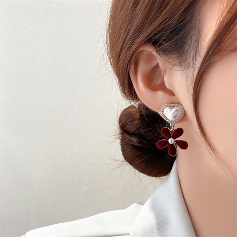 Flocking flower pearl heart-shape alloy earrings wholesale NHMS567196's discount tags