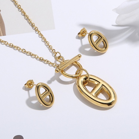 fashion OT buckle pendant titanium steel necklace earrings set NHKAL567558's discount tags