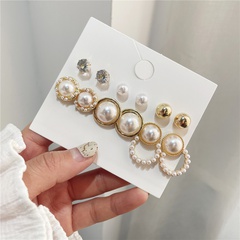 European and American retro inlaid rhinestone flower pearl earrings 6-piece set
