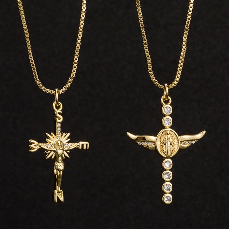 Collar con colgante de cruz de circonita con incrustaciones de oro de cobre exagerado de moda's discount tags