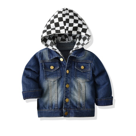 New children's denim checkerboard hooded blue cotton denim long-sleeved jacket's discount tags