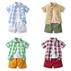 Koreanisches Kinderset Kurzarm Jungen dünnes lässiges kariertes Hemd T-Shirt Shorts dreiteiliges Set