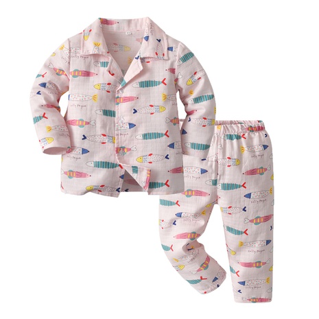 autumn long-sleeved cartoon printed double-sided yarn baby cotton pajamas set's discount tags