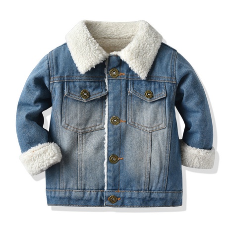 Children's Imitation Lamb Wool Lining Denim Jacket Fashionable Thick Denim Top's discount tags