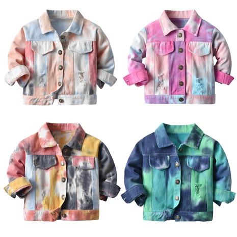 multi-color neutral tie-dye short new children's lapel long-sleeved denim jacket's discount tags
