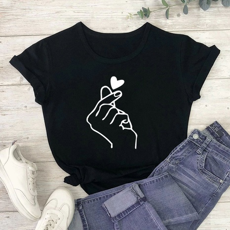European and American gesture heart print casual short-sleeved t-shirt women NHMEX616707's discount tags