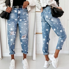 New Style Ripped Type Star Pattern Print helle Damenjeans