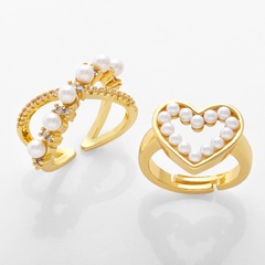 Fashion heart-shape open ring female simple pearl zircon copper ring