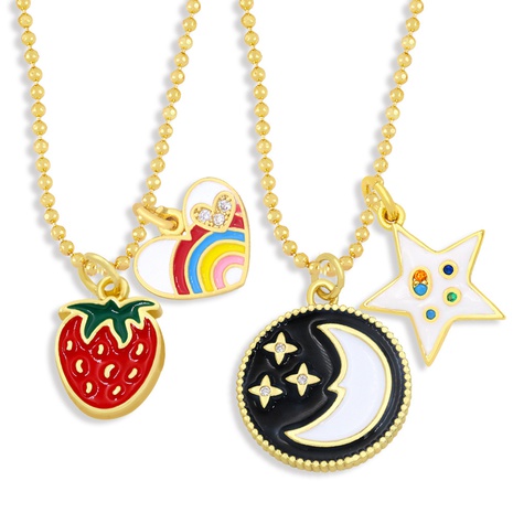 nouveau collier en cuivre avec pendentif fraise coeur arc-en-ciel et lune's discount tags