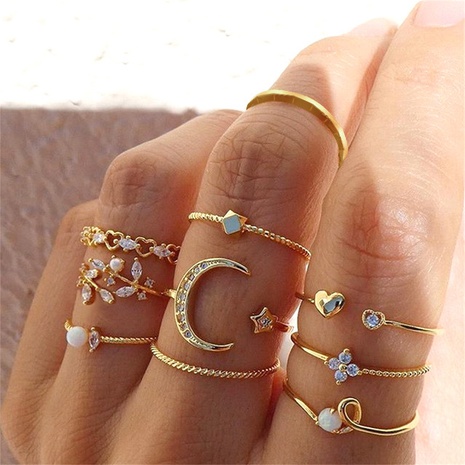 Fashion Diamond Love Pearl Leaf 10-teiliger Ring Kreativer Retro-weiblicher Ring's discount tags